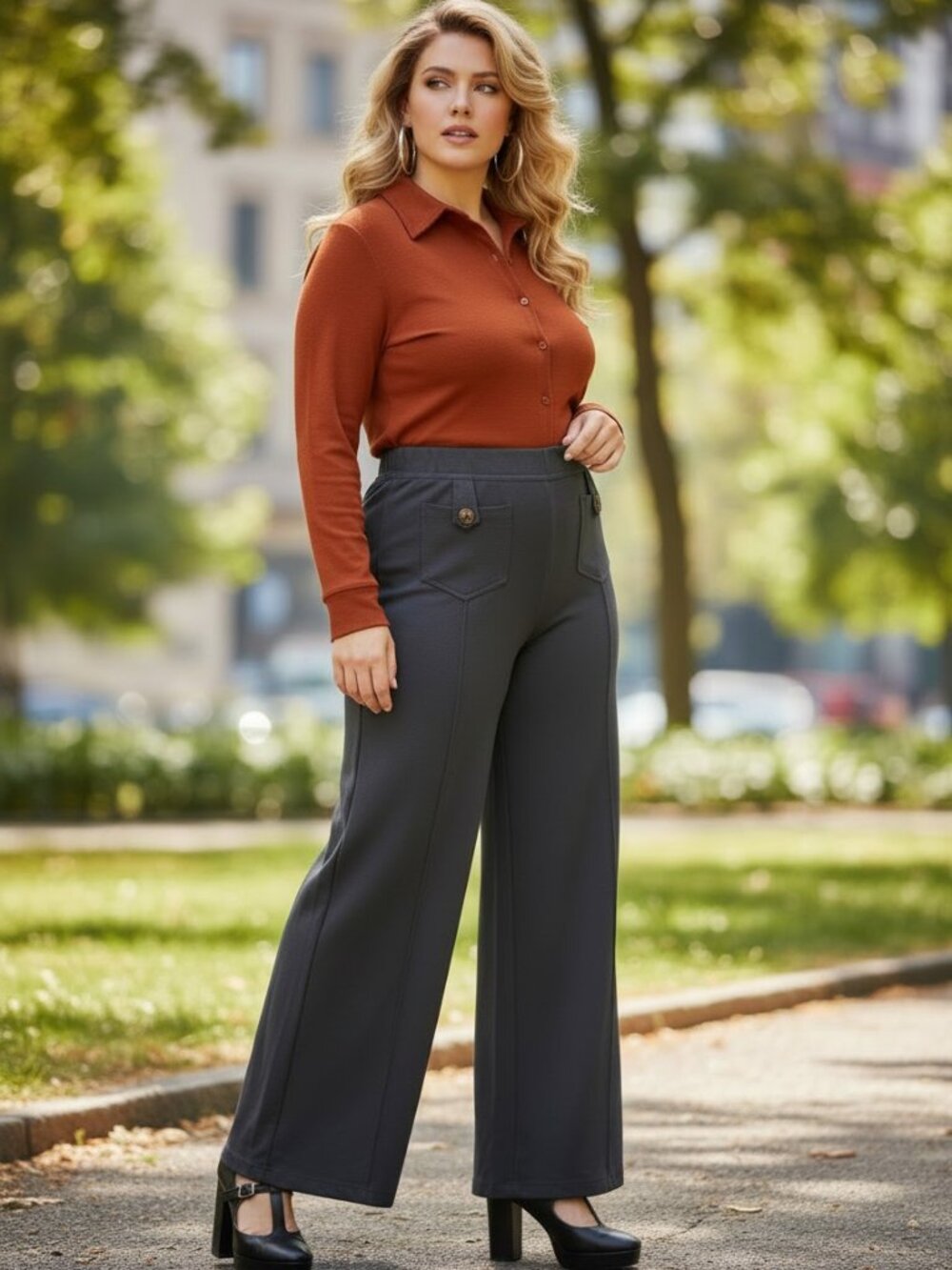 Deja Bleu Wide Leg Pants Women XL Black Excellent Elastic Waist Cotton Blend